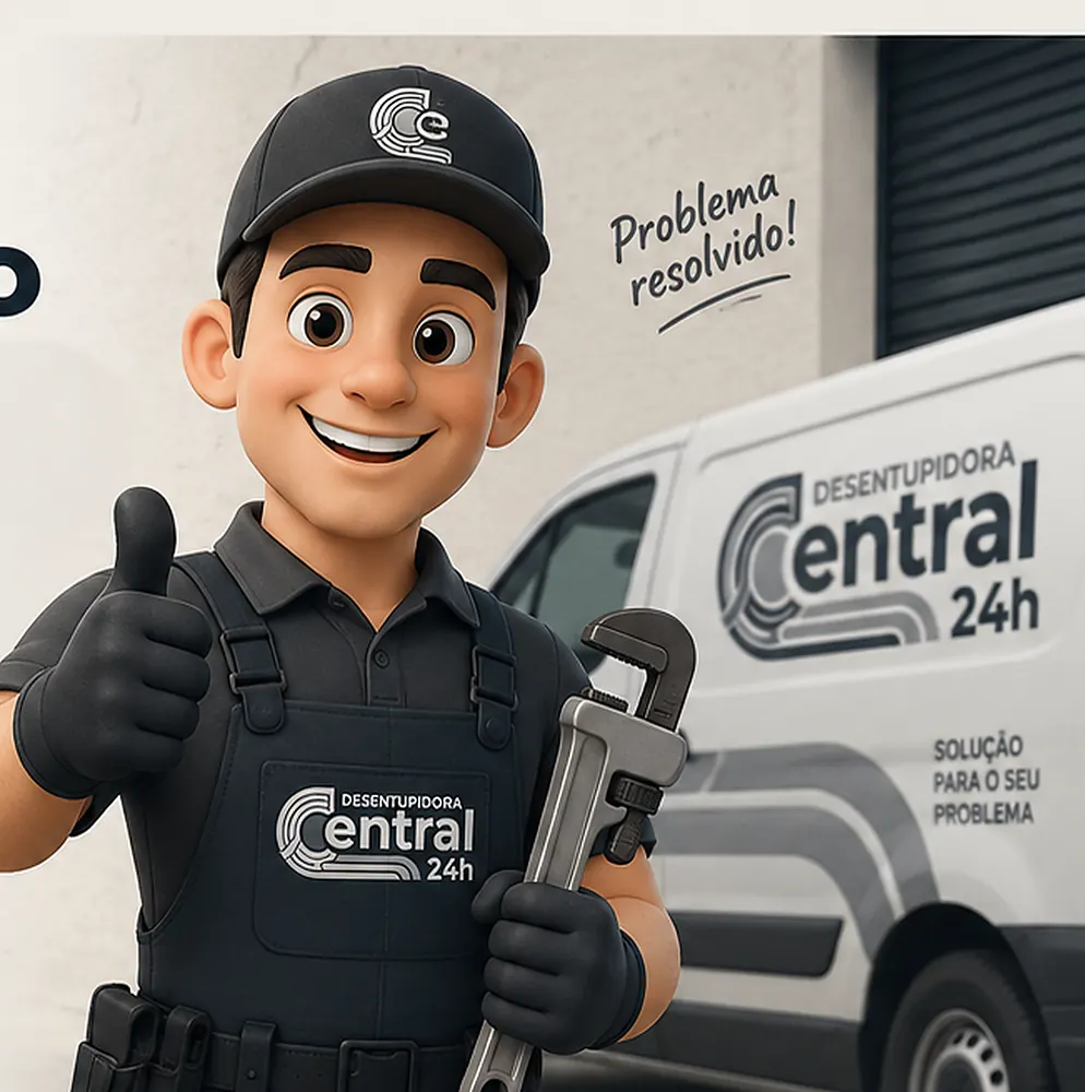 Técnico da Desentupidora Central 24h com chave de grifo ao lado da van da empresa